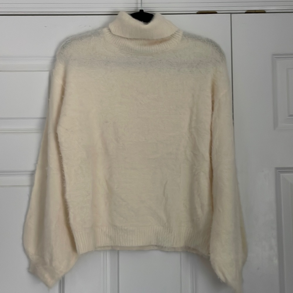 PRETTYLITTLETHING Cream Roll Neck Balloon Sleeve Eyelash Knit Sweater